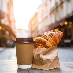 Coffee and croissant on a table outdoors, city street background