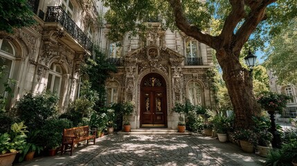 Fototapeta premium Ornate residential doorway under a clear blue sky
