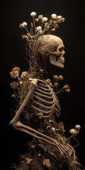 Skeletal figure adorned with dried flowers and small plants