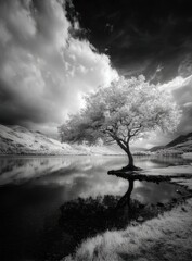 Dramatic monochrome landscape featuring a lone tree reflected in a calm lake, dramatic clouds, and a mountainous background
