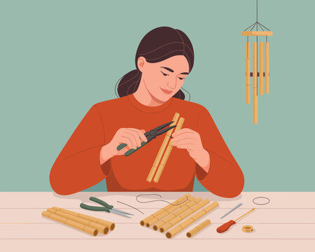 Woman Crafting Bamboo Wind Chimes A DIY Hobby