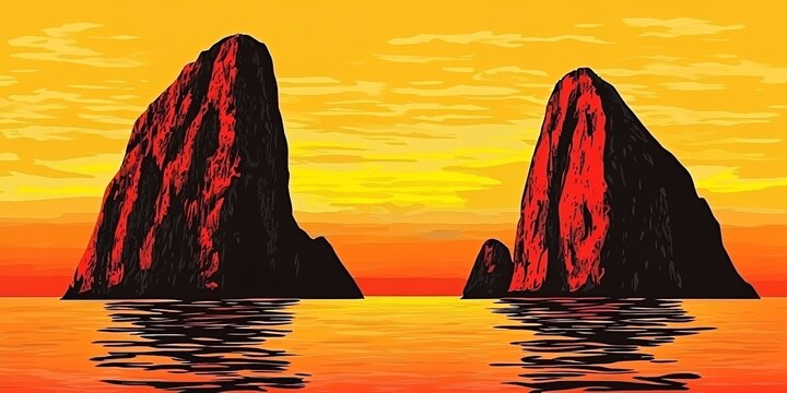 Dramatic jagged rock formations rise from calm water reflecting a vibrant orange and yellow sunset sky