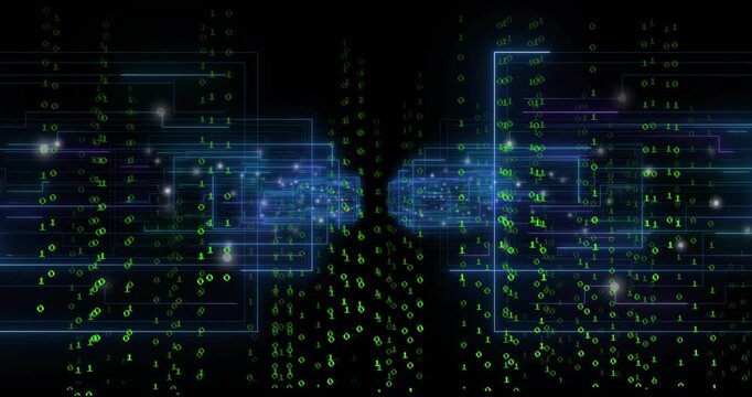 Starting black void, blue wireframes emerging as green digits falling and merging mapping data flow