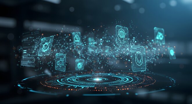 A futuristic technology interface featuring multiple icons floating above a circular platform. The digital display and elements give off a technological and data-driven aesthetic