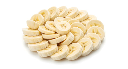 A fresh heap of chopped ripe banana slices arranged in a circular pile isolated on a clean white background for healthy food concepts