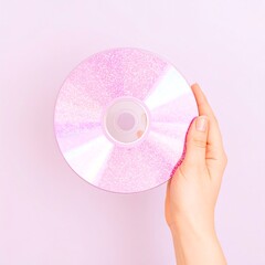 Hand holds a pink CD against pastel background