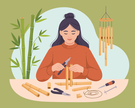 woman crafting bamboo wind chimes clip art preview