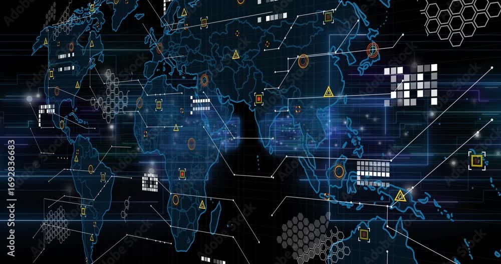 Poster Glowing data streams converging initiating world map zooming overlaying nodes showing network flow