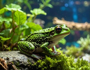 Close-up of a vibrant green frog in a lush terrarium