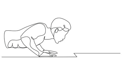 Continuous line of sporty man push up work out. Single line drawing editable stroke vector illustration of gym fitness and healthy life style