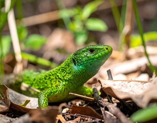 Close-up of a vibrant green lizard on forest floor