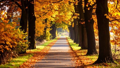 Naklejka premium Autumnal pathway lined with vibrant trees