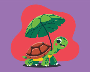 Obraz premium Charming Green Turtle Walking Happily Under a Broad Leaf Umbrella, Protected from the Elements in a Whimsical Nature Scene