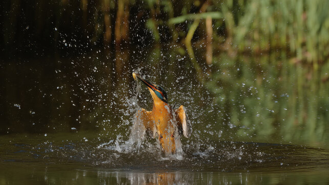 Fototapeta Martin-pêcheur jaillissant de l’eau avec un poisson