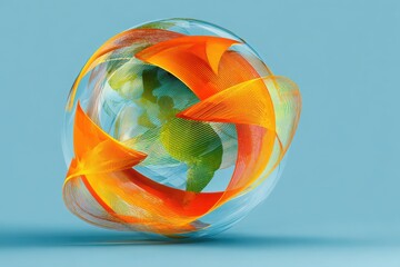 Abstract representation of a globe with vibrant orange and green swirls on a blue background