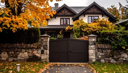Naklejka premium Autumn home exterior with fall foliage