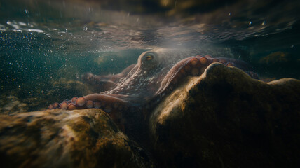 Fototapeta premium Pieuvre au-dessus d’un récif au crépuscule