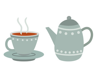 Steaming cup and teapot in teal, on white background. Minimalist hot drink set illustration for beverage design.