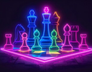 Neon-lit chess pieces on a glowing board