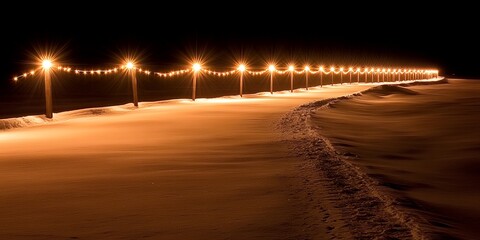 Warm glowing streetlights illuminate a snowy path creating a magical winter wonderland at night
