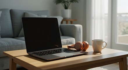Fototapeta premium A modern workspace setup featuring a laptop, headphones, and a mug on a table