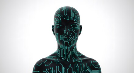 A futuristic view of a human silhouette integrated with a complex circuit board pattern