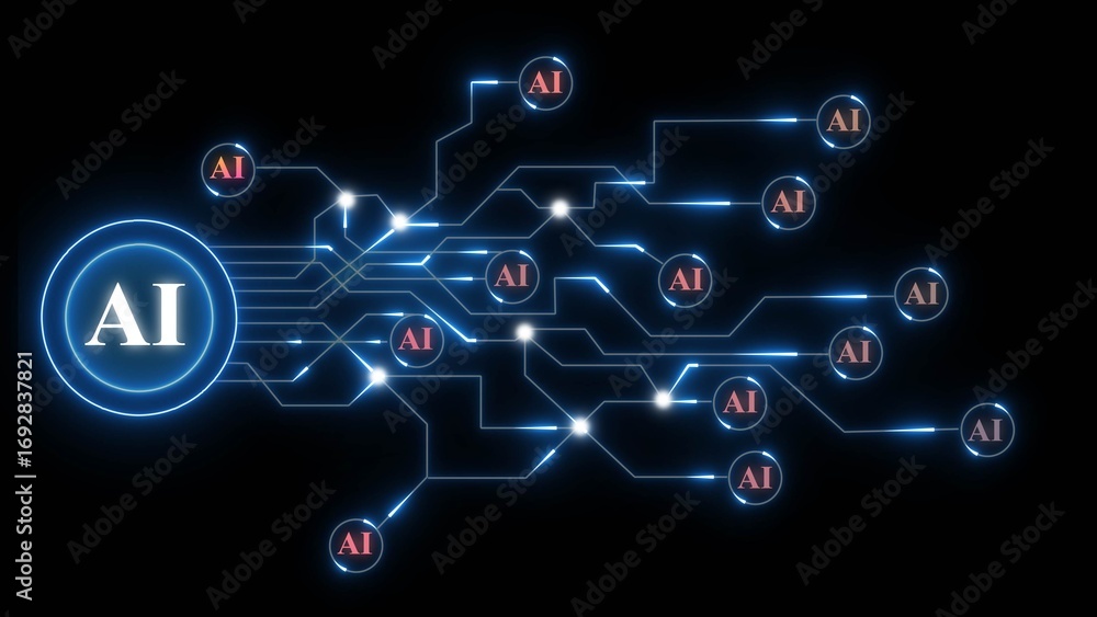 Poster glowing ai network with interconnected nodes and circuits on black background artificial intelligenc
