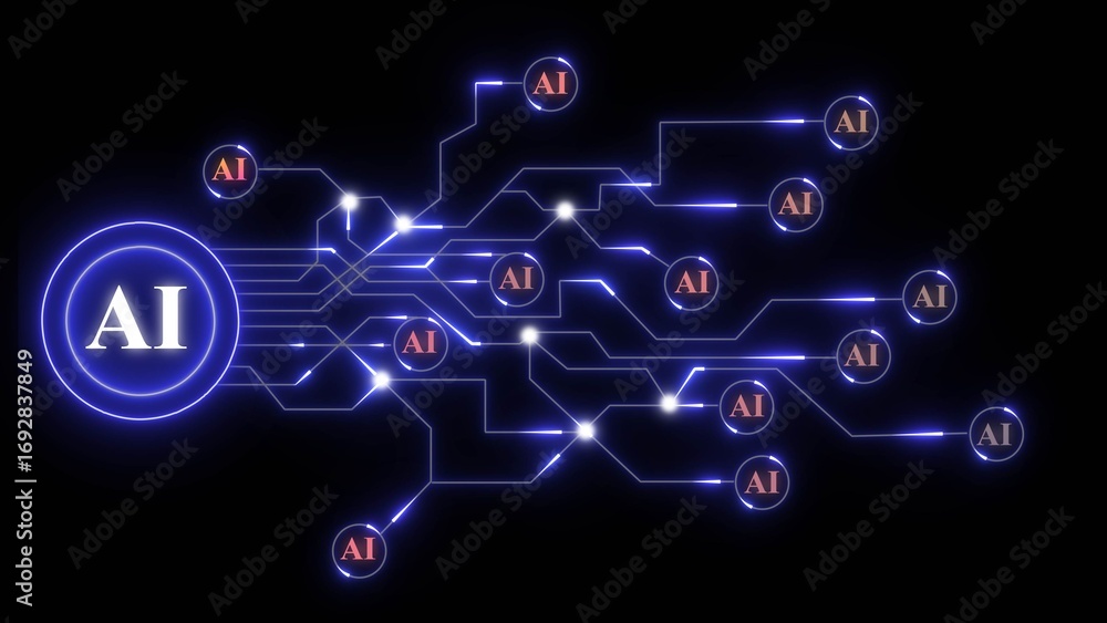 Aufkleber glowing blue circuit board network with ai nodes on black background artificial intelligence technol