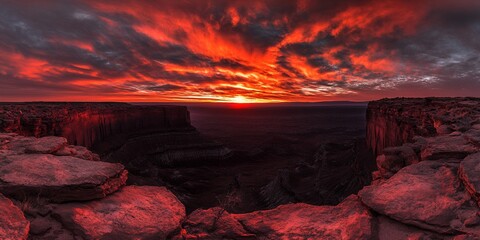 Fototapeta premium Dramatic fiery sunset over vast canyon landscape with textured rocks in foreground