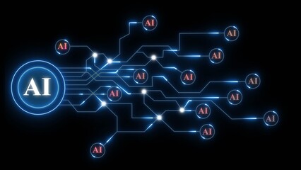 Obraz premium Glowing AI network with interconnected nodes and circuits on black background artificial intelligence