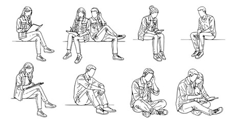Set of diverse people sitting and using electronic devices in detailed line art drawing style.