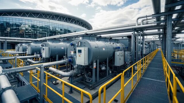 Wide shot of multiple chillers aligned in an outdoor plant beside an arena surrounded by maintenance walkways and safety barriers.