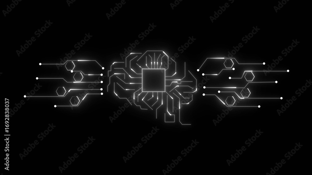 Poster glowing white circuit board lines forming a brain shape with a central processor on black background