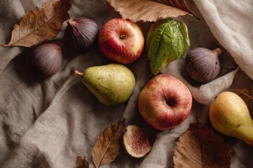 Autumn still life with apples, pears, figs and dry leaves on fabric