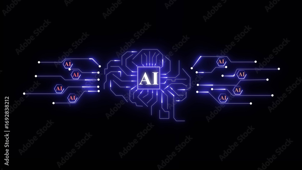 Poster glowing ai brain circuit board with neon blue lines on black background artificial intelligence tech