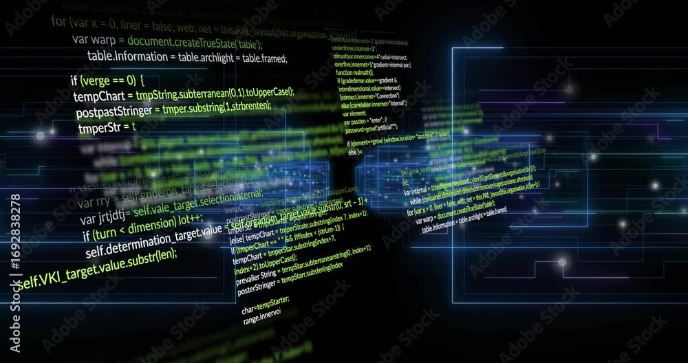 Poster opening on dark void, two neon code clusters drifting inward, pulsing grids visualizing data merge