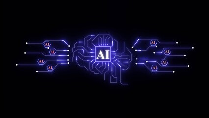 Glowing AI brain circuit board with neon blue lines on black background artificial intelligence technology