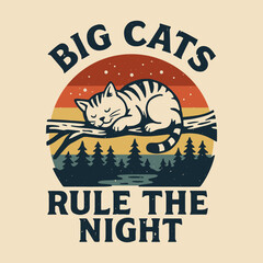 Big cats rule the night retro illustration