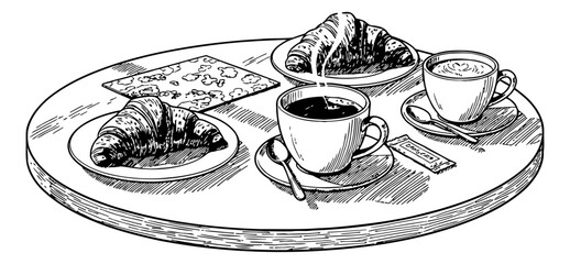 Breakfast Scene with Croissants and Coffee Mugs on Round Wooden Tray in Black and White Line Art