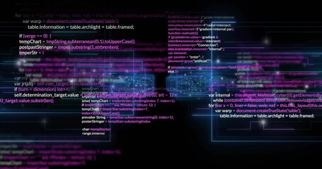 Glowing blue wireframe clusters pulsing while exchanging data bits after code pop-up for processing - Powered by Adobe
