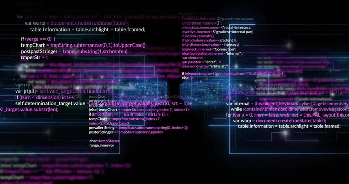 Glowing blue wireframe clusters pulsing while exchanging data bits after code pop-up for processing