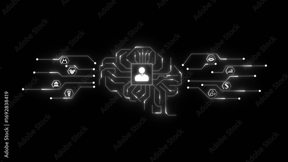 Poster digital brain with glowing circuit lines and business icons on black background artificial intellige
