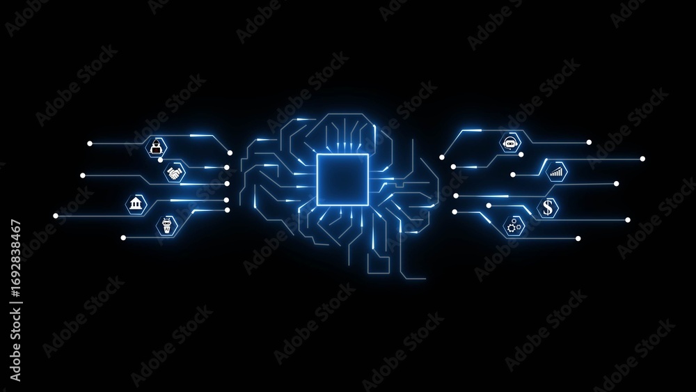Poster blue glowing digital brain with circuit board pathways and business icons on black background artifi