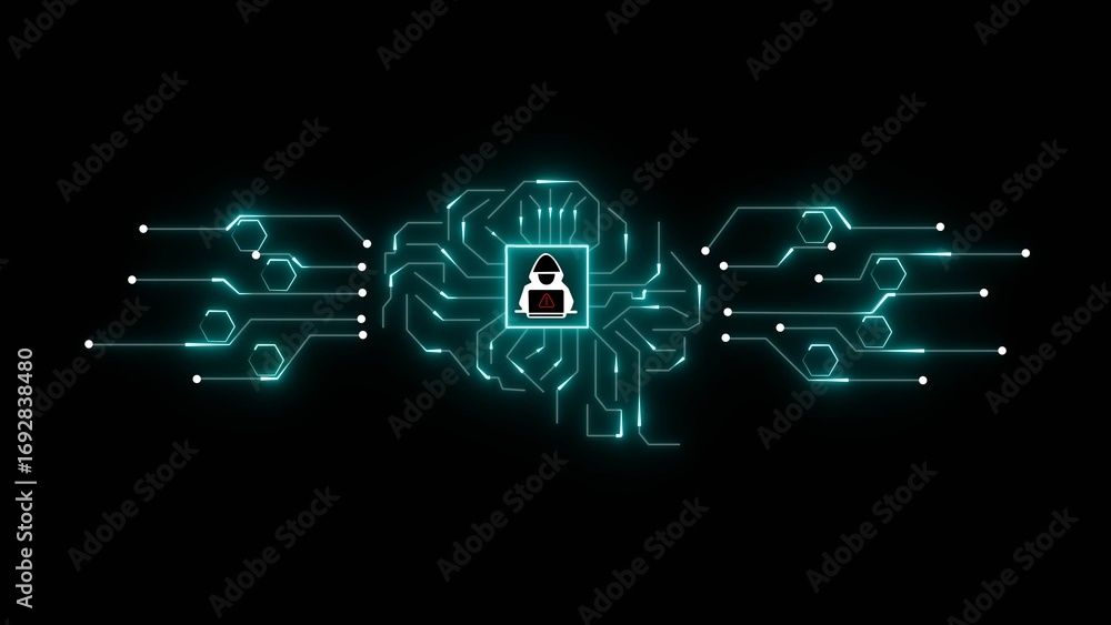 Poster glowing turquoise circuit board in brain shape with hacker icon in center on black background techno