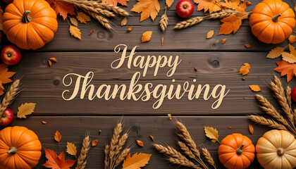 Thanksgiving Greeting on Dark Wood with Pumpkins, Apples, and Leaves Elegant Script Text Surrounded by Autumn Harvest Decorations Warm Seasonal Arrangement Featuring Wheat, Foliage, and Cozy Colors