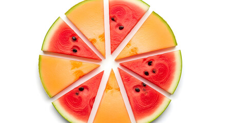 Creative summer fruit concept with a circular arrangement of juicy watermelon and sweet cantaloupe wedges on a white background
