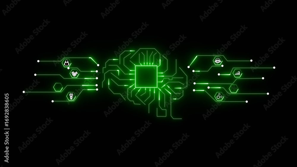 Poster glowing green digital brain circuit with data icons on black background circuit board artificial int