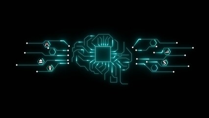 Glowing blue digital brain circuit board with business icons on black background artificial intelligence