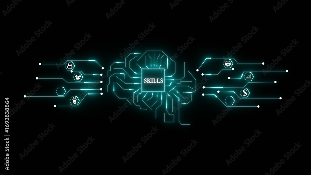 Aufkleber glowing blue circuit board brain with skills text and business icons artificial intelligence technol