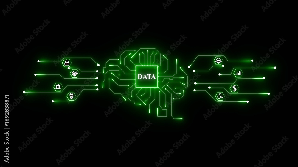 Poster glowing green circuit board brain with data chip and business icons technology artificial intelligen